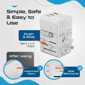 70W Universal Travel Adapter - 2 USB-C + 1 GaN 3.0 retractable cable, USB-C & 1 USB-C - (UP-70WC-WH) - TRAPSKI
