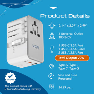 70W Universal Travel Adapter - 2 USB-C + 1 GaN 3.0 retractable cable, USB-C & 1 USB-C - (UP-70WC-WH) - TRAPSKI
