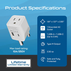 South Africa Adapter Plug Combo Type M, G | Dual USB - African Combo (CTU-7-10L)
