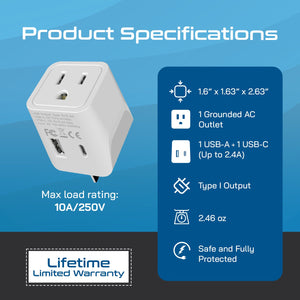 Australia, China Travel Adapter - Type I - USB A + USB C (CTU-16)