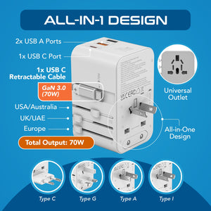 70W Universal Travel Adapter - 2 USB-C + 1 GaN 3.0 retractable cable, USB-C & 1 USB-C - (UP-70WC-WH) - TRAPSKI