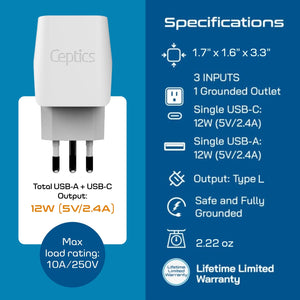 Italy Travel Adapter Plug Combo - Type C, L | USB-A + USB-C - Italian Combo (CTU-12-9C)