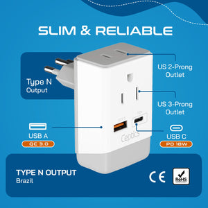 Brazil Travel Adapter | Type N - USB-A & USB-C Ports + 2 USA Outlet (AP-11C) - TRAPSKI