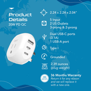 Australia, New Zealand, China Travel Plug Adapter - Type I - 5 in 1 - Ultra Compact (PTU-16) - TRAPSKI