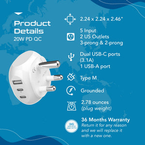 South Africa Travel Plug Adapter - Type M - 5 in 1 - Ultra Compact (PTU-10L) - TRAPSKI