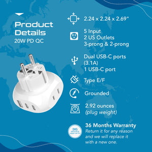 European Schuko Travel Plug Adapter - Type E/F - 5 in 1 - Ultra Compact (PTU-9) - TRAPSKI