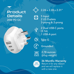 UK, England Travel Adapter Plug - Type G - 5 in 1 - Ultra Compact (PTU-7) - TRAPSKI
