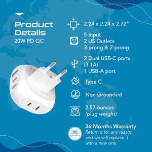 European Travel Plug Adapter - Type C - 5 in 1 - Ultra Compact (PTU-9C) - TRAPSKI