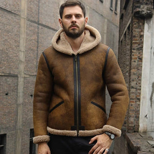 Men’s Brown Shearling Aviator Leather Bomber Jacket With Fur