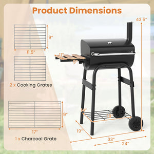 Barrel Charcoal Grill with Foldable Side Table and Thermostat-Black