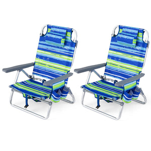 Beach Chairs Set of 2 Portable Folding Backpack Recliners with 5-Position Backrest and Padded Headrest