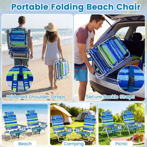 Beach Chairs Set of 2 Portable Folding Backpack Recliners with 5-Position Backrest and Padded Headrest