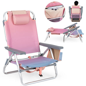 Beach Chairs Set of 2 Portable Folding Backpack Recliners with 5-Position Backrest and Padded Headrest