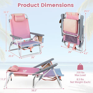 Beach Chairs Set of 2 Portable Folding Backpack Recliners with 5-Position Backrest and Padded Headrest