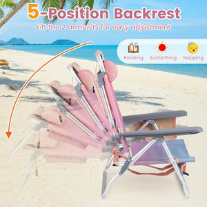 Beach Chairs Set of 2 Portable Folding Backpack Recliners with 5-Position Backrest and Padded Headrest