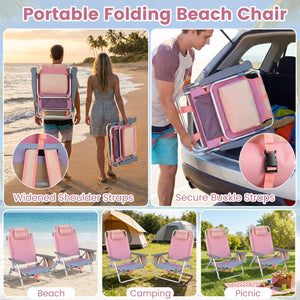 Beach Chairs Set of 2 Portable Folding Backpack Recliners with 5-Position Backrest and Padded Headrest