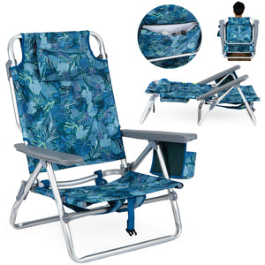 Beach Chairs Set of 2 Portable Folding Backpack Recliners with 5-Position Backrest and Padded Headrest