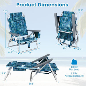 Beach Chairs Set of 2 Portable Folding Backpack Recliners with 5-Position Backrest and Padded Headrest