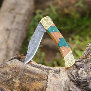 Flashblade Damascus EDC Knife with Olive Wood Handle & Sheath