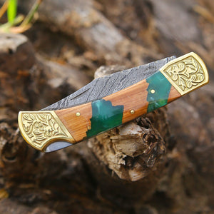 Flashblade Damascus EDC Knife with Olive Wood Handle & Sheath