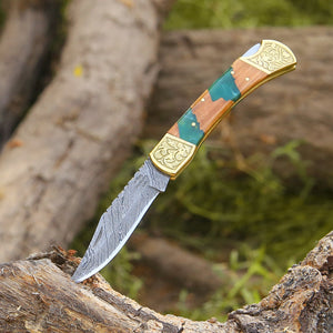 Flashblade Damascus EDC Knife with Olive Wood Handle & Sheath