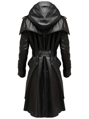 Black Stylish Leather Hooded Coat