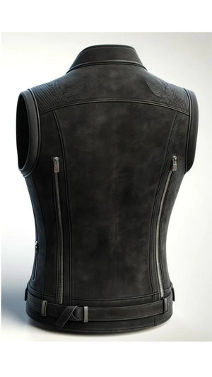Black Distressed Leather Vest for Women