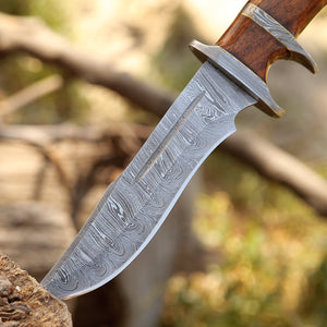 Raider Damascus Steel Bowie Knife with Exotic Rose Wood Handle & Sheath
