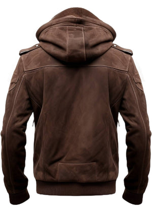Brown Slim Fit Suede Hooded Leather Jacket