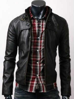 Button Pocket Slim Fit Black Rider Leather Jacket
