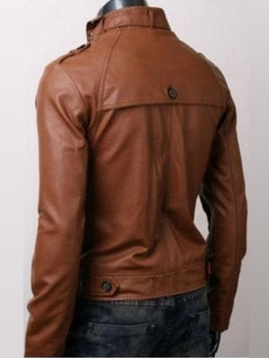 Button Pocket Slim Fit Rider Brown Leather Jacket