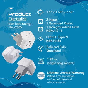 Brazil Travel Adapter - Type N - Ultra Compact (CT-11C, 3 Pack) - TRAPSKI