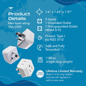 Australia, China Travel Adapter - Type I - Ultra Compact (CT-16, 3 Pack) - TRAPSKI