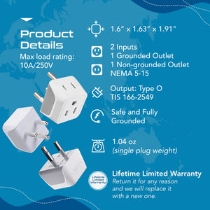 Thailand Travel Adapter - Type O - Ultra Compact (CT-18, 3 Pack) - TRAPSKI