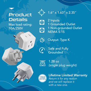 Denmark Travel Adapter - Type K - Ultra Compact (CT-20 ,3 PACK)
