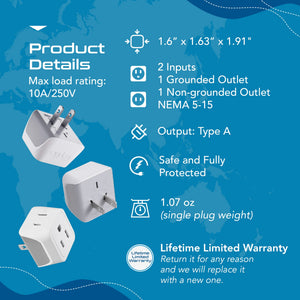 Japan, Philippines Travel Adapter - Type A - Ultra Compact (CT-6, 3 Pack) - TRAPSKI