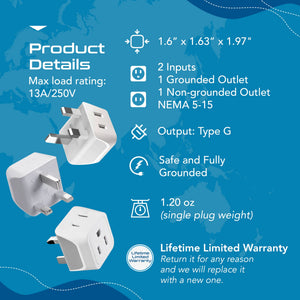 UK, England Travel Adapter - Type G - Ultra Compact (CT-7, 3 Pack)