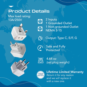 European Travel Adapter Set - Type E/F, G, C - 3pcs (CT-EU-SET) - TRAPSKI