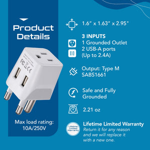 South Africa Adapter Plug Combo Type M, G | Dual USB - African Combo (CTU-7-10L)