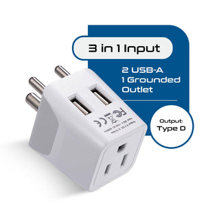 India Travel Adapter Plug Combo - Type C, D | Dual USB - Indian Combo (CTU-9C-10)