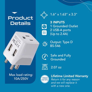 India Travel Adapter Plug Combo - Type C, D | Dual USB - Indian Combo (CTU-9C-10)