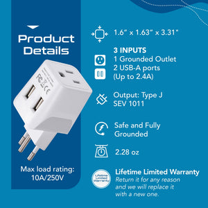 Switzerland Travel Adapter - Type J - Dual USB (CTU-11A) - TRAPSKI