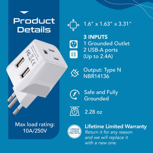 Brazil Travel Adapter - Type N - Dual USB (CTU-11C) - TRAPSKI