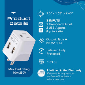 Japan, Philippines Travel Adapter - Type A - Dual USB (CTU-6) - TRAPSKI