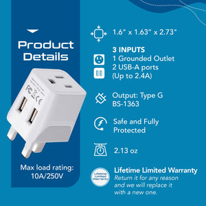 UK, England Travel Adapter Plug with Dual USB - Type G - 2 Pack (CTU-7) - TRAPSKI