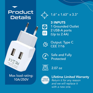 India Travel Adapter Plug Combo - Type C, D | Dual USB - Indian Combo (CTU-9C-10)