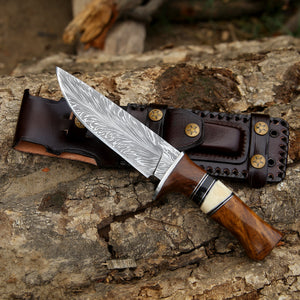 Annihilator Custom Feather Damascus Hunting Knife with Exotic Rose Wood Handle