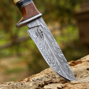 Annihilator Custom Feather Damascus Hunting Knife with Exotic Rose Wood Handle