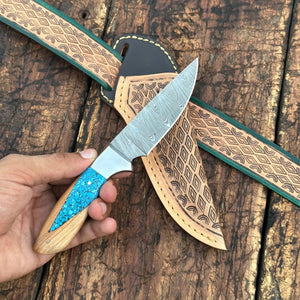 Canyon Damascus Skinner Knife with Hand tooled Sheath & Belt