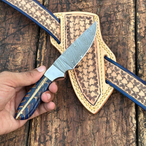 Rio Grande Damascus Skinner Knife with Handtooled Sheath & Belt